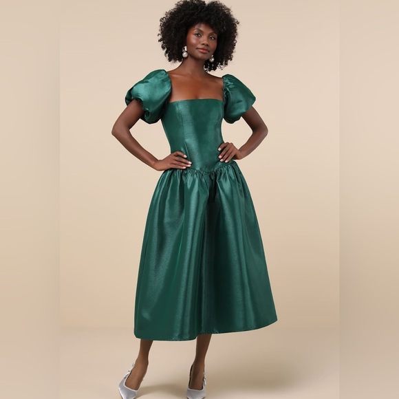 Lulu’s Exclusive Charm Emerald Green Taffeta Puff Sleeve Midi Dress Size XL - Picture 1 of 10